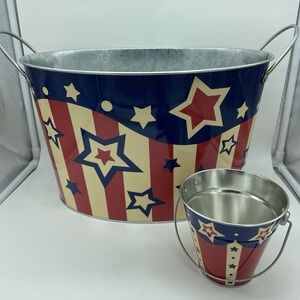 Americana American 4th Of July Independence Day Set Of 2 Tins Ice Bucket Drinks‎